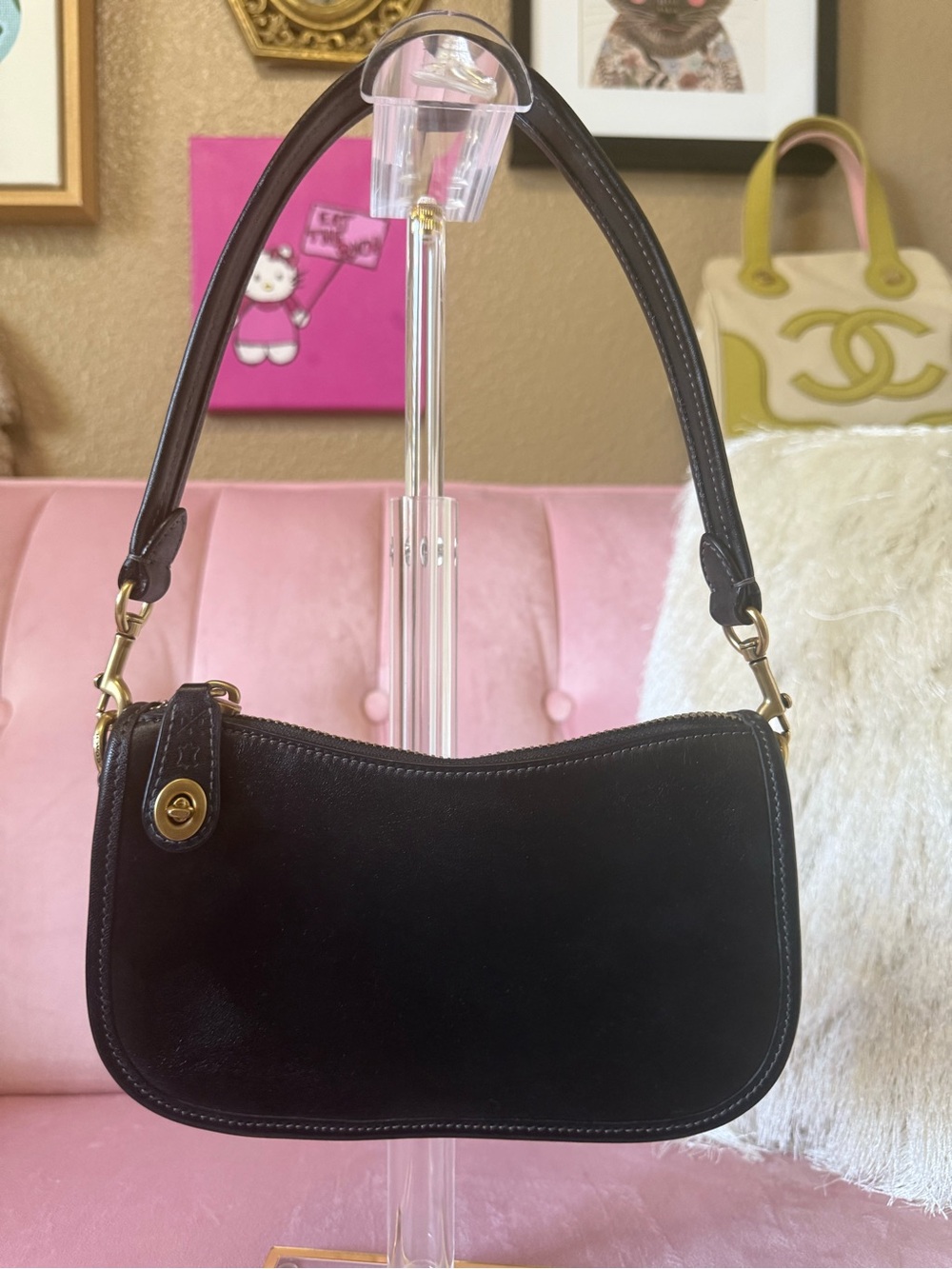 💯Auth! COACH SWINGER 20 Black Leather Shoulder Bag Turnlock Brass-tone Hardware
